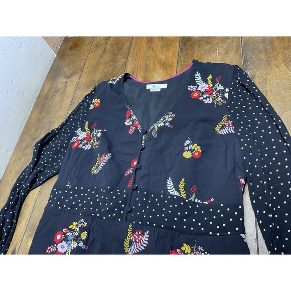 Boden Polka Dot Floral Black Ivy Boho Midi Dress US 14R - Picture 2 of 10